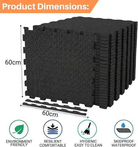 Black Interlocking Mat Yoga Exercise Gym Fitness Gymnastics Soft Foam Floor Tile