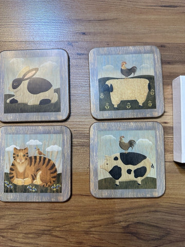 Coasters Farm Animals England Set Of 4 Cork Cow Cat Pig Rooster Sheep