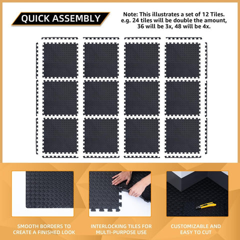 24pc EVA Foam Puzzle Exercise Mat 96 Sq Ft Interlocking Floor Tiles for Gym Home