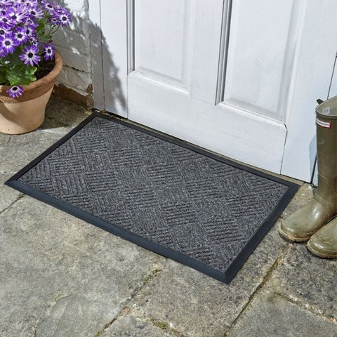 Grey Door Mat Checked Non Slip Outdoor Indoor Absorbent Rubber Back Entrance Mat