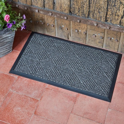 Grey Door Mat Checked Non Slip Outdoor Indoor Absorbent Rubber Back Entrance Mat