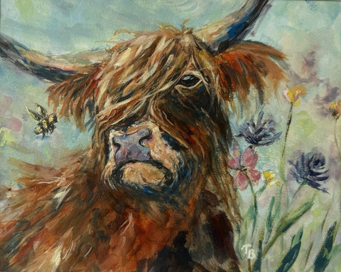 Original Expressionism Highland Cow & Wildflowers Acrylic Painting, Mat Included