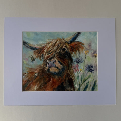 Original Expressionism Highland Cow & Wildflowers Acrylic Painting, Mat Included