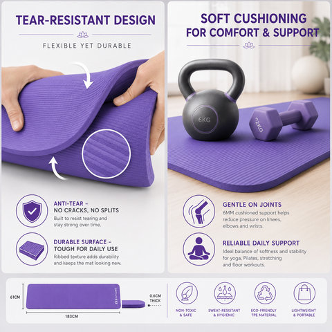Purple Thick Yoga Mat NBR Non Slip Workout Training Home Aerobics Pilates 183cms