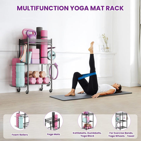 Storage Rack for Yoga Mat, Foam Roller, Gym Equipment, & Fitness gear (METAL)