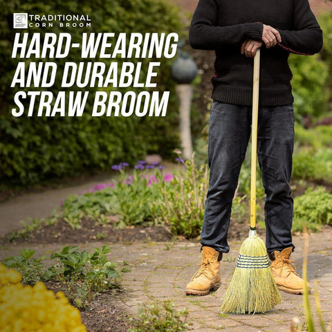 TRADITIONAL WOODEN STRAW CORN BROOM GARDEN SWEEPING STABLE YARD BRUSH