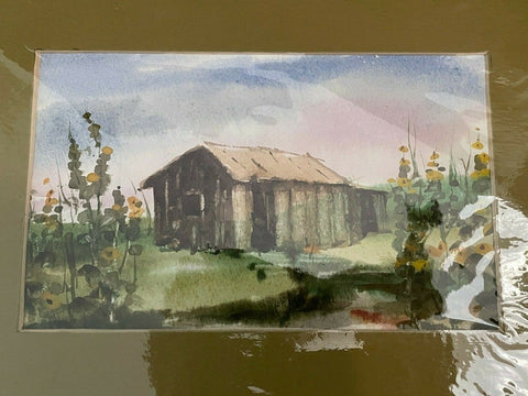 VINTAGE BARN IN FIELD OF FLOWERS PAINTING IN PHOTO FRAM MAT