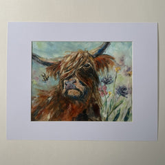 Original Expressionism Highland Cow & Wildflowers Acrylic Painting, Mat Included