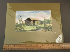 VINTAGE BARN IN FIELD OF FLOWERS PAINTING IN PHOTO FRAM MAT